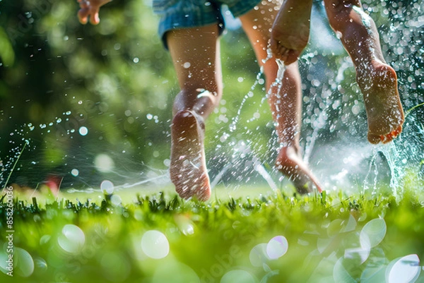 Obraz A vibrant close-up photo of children’s feet running through a sprinkler on a grassy lawn, capturing the fun and joy of a hot summer day 