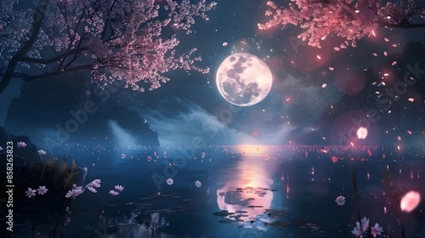 Fototapeta Dream and fairy flying moon Chinese style elegance, peach blossom
