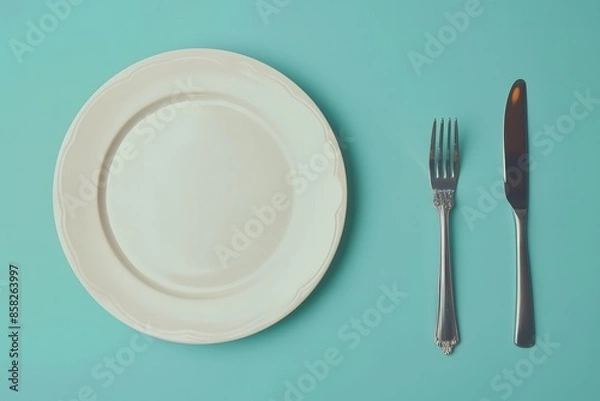 Fototapeta 
empty white plate with knife and fork on blue background