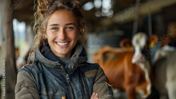 Fototapeta A joyous young woman in dark farm attire, smiling broadly and standing in front of cows in a barn, highlighting her active connection to the farm life and animals around her.