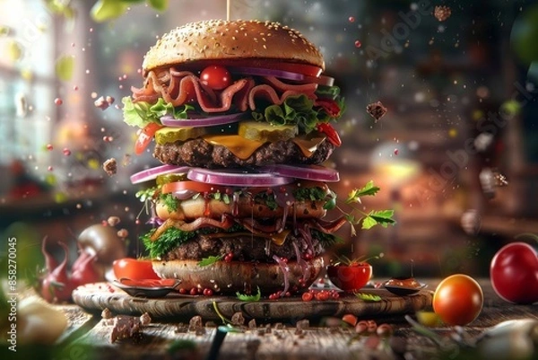 Fototapeta Craft a visually stunning burger piled high with appetizing toppings from a unique worms-eye view, blending realism with a touch of whimsy in digital art,