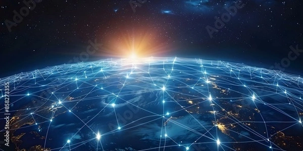 Fototapeta Worldwide network of nodes connecting global telecommunications for internet communication technology. Concept Network Infrastructure, Global Connectivity, Telecommunications, Internet Technology