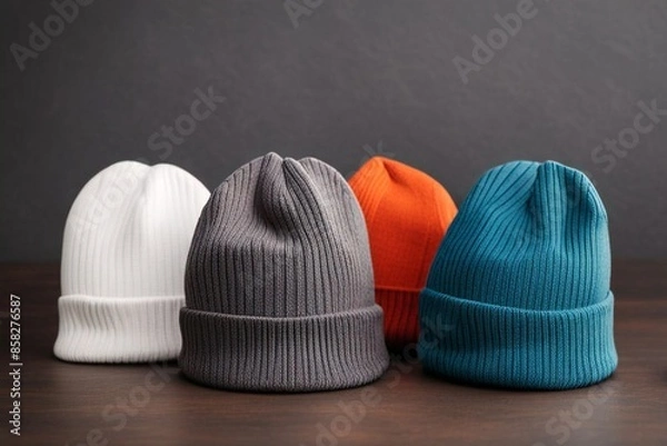 Fototapeta A set 0f 4 beanie hats of different colors, beanie hat mockup, beanie hat template, winter hat, hat, beanie, 