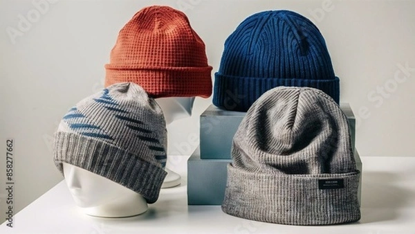 Fototapeta A set 0f 4 different beanie hats, beanie hat mockup, beanie hat template, winter hat, hat, beanie, 