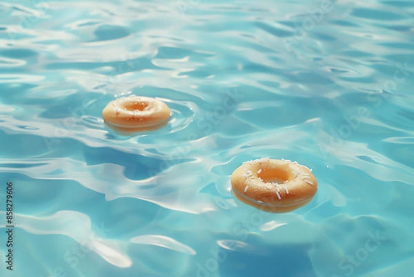 Fototapeta Two floating doughnuts in a clear blue swimming pool, creating a relaxing and fun summer vibe.