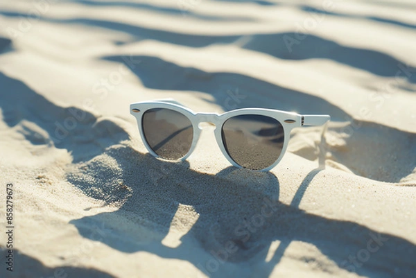 Fototapeta White sunglasses placed on sandy beach under sunlight, showcasing a summer beach vibe. Perfect for summer vacations and outdoor relaxation.