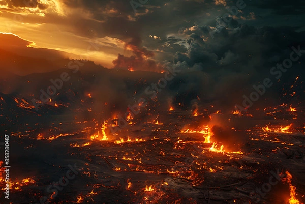 Fototapeta Wildfires consume vast landscapes, fueled by dry conditions and strong winds, leaving trails of destruction in their wake.