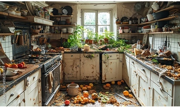 Fototapeta Kitchen chaos reigns supreme, with disarray and filth lurking in every corner. illustration images
