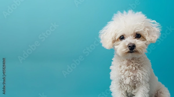 Fototapeta Curly-Haired White Puppy on Blue Background
