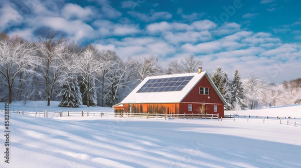 Fototapeta Panoramic view of a red barn with solar panels on the roof in winter