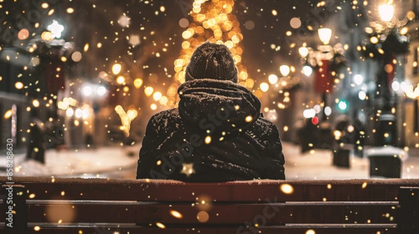 Fototapeta A man sits on a bench and looks at a Christmas tree in the snow