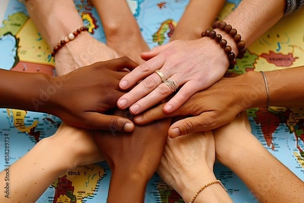 Fototapeta Group of people with hands together in front of world map