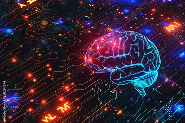 Fototapeta Artificial Intelligence concept with AI letters on brain and circuit tech background vector illustration white background, detailed illustration in the style of realistic, high resolution photography,