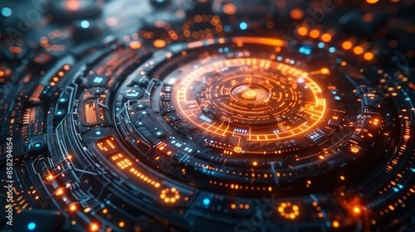 Obraz Futuristic Technology Interface With Glowing Orange Lights