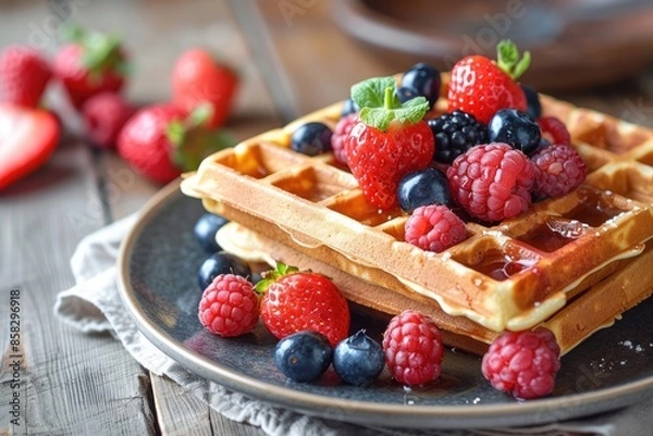 Fototapeta A delicious and healthy breakfast of whole grain waffles topped with fresh berries