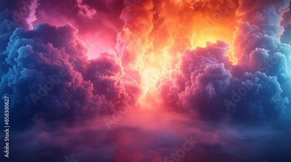 Fototapeta A mesmerizing sunset scene with radiant, colorful clouds in a fantastical dreamscape, reflecting a magical and enchanted atmosphere that stirs the imagination with boundless creativity.
