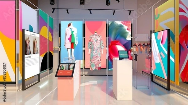 Fototapeta trendy pop-up shop for a fashion brand, featuring modular displays, vibrant graphics, and a digital checkout area