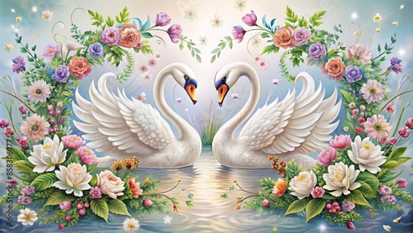 Fototapeta Two swans facing each other design. Decorated with beautiful flowers as the background.
