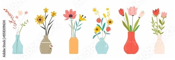 Fototapeta Flower in vase set line. Transparent glass vases with blue water. Different flowers. Colorful icon collection. Daisy Tulip Gerbera. Ceramic Pottery decoration. White background flat design modern.