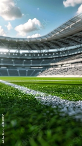 Obraz A soccer field with a bright green grass and a few lights in the background. Football stadium arena for professional match with spotlight