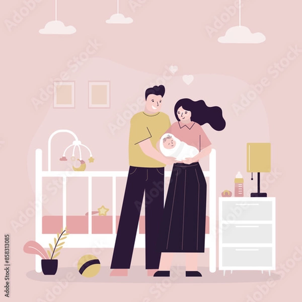 Fototapeta Young parents with newborn baby. Kids bedroom with bed, shelving, and toys. Child room, nursery interior. Family portrait, love couple holds infant baby.