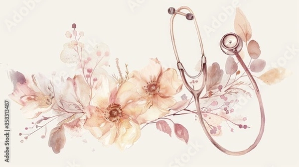 Obraz Watercolor vector, stethoscope with flowers in light pink and beige tones on white background. Medical Worker Day