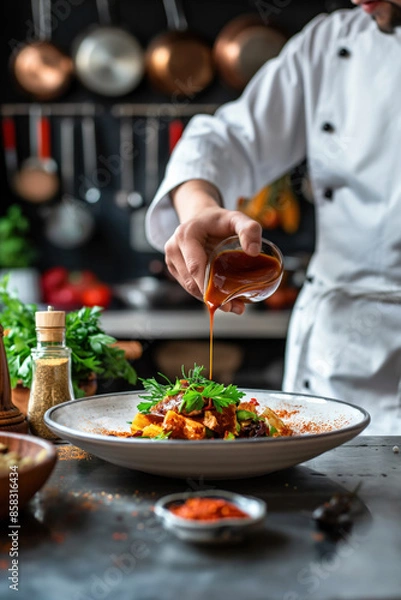 Obraz Chef pouring sauce over a plated dish in a professional kitchen..