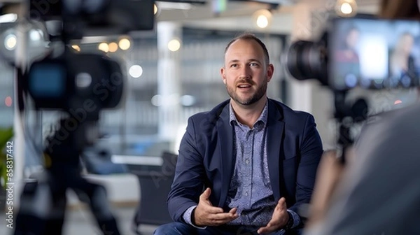 Fototapeta A leader being interviewed on camera, sharing their company's story