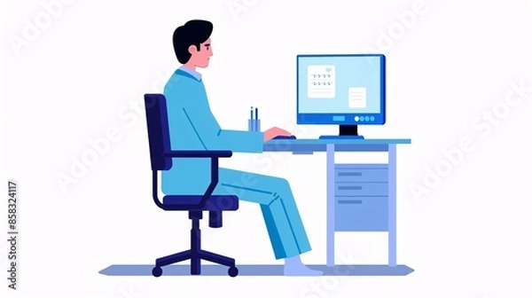 Fototapeta Illustration of a man working on a computer at a desk. Ideal for business, remote work, office productivity, and technology topics.