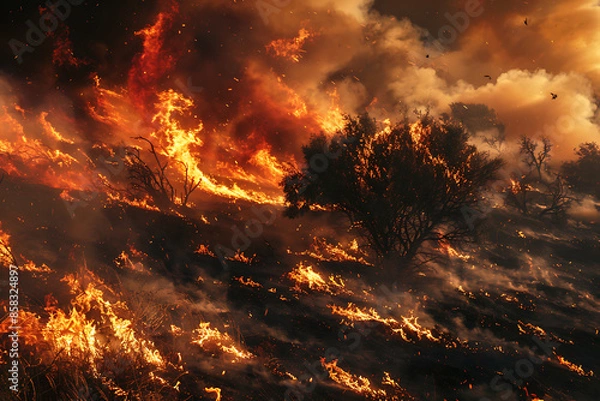 Fototapeta Wildfires consume vast landscapes, fueled by dry conditions and strong winds, leaving trails of destruction in their wake.