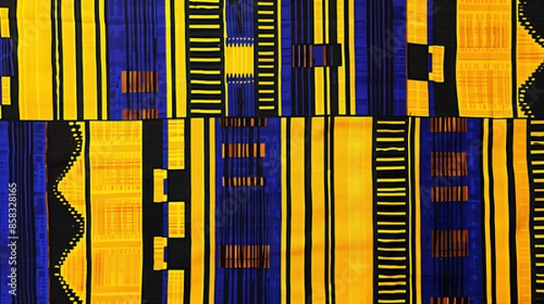 Fototapeta A kente cloth design featuring bold geometric patterns in alternating strips of bright yellow, black, and royal blue.
