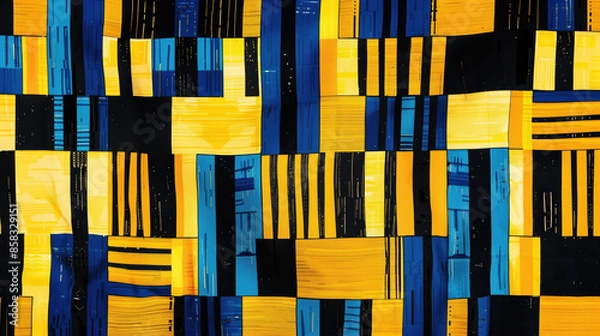Fototapeta A kente cloth design featuring bold geometric patterns in alternating strips of bright yellow, black, and royal blue.