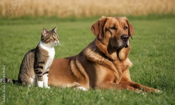 Fototapeta A dog and a cat in a field