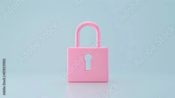 Fototapeta Pink padlock on light blue background representing security, privacy, and protection concepts. Minimalistic and modern design.