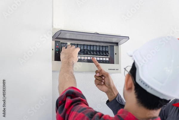 Obraz Resetting tripped breaker in residential electricity power control panel in homes and buildings. Men electrician turning off power for electrical outlet at circuit breaker box.