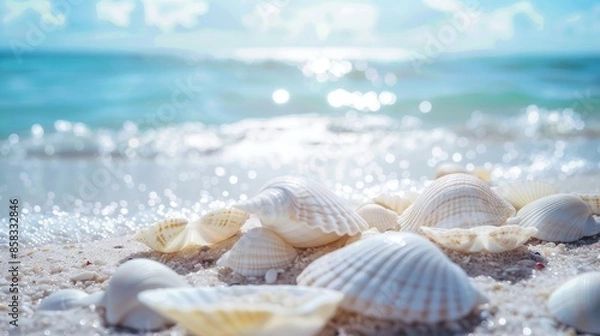 Fototapeta Close Up of White Shells on Beach Summertime Vacation Scene