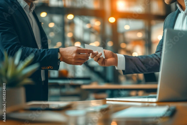 Fototapeta Two professionals exchange a business card in a modern office setting, highlighting the importance of networking and business connections.