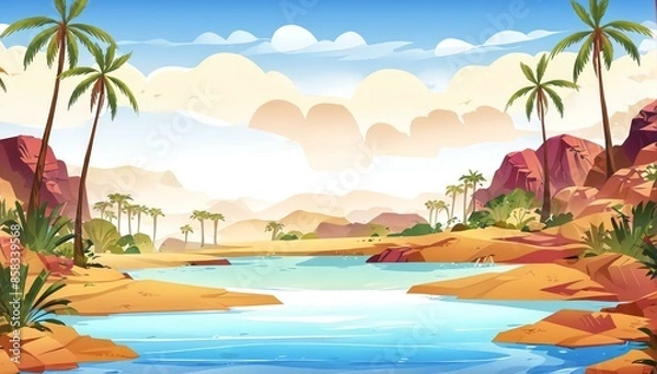 Fototapeta Bright Day at Lush Desert Oasis Vector Art Background Illustration