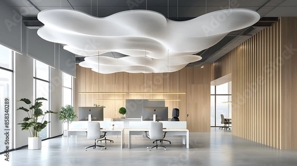 Fototapeta contemporary office space with a suspended ceiling design that mimics a cloud