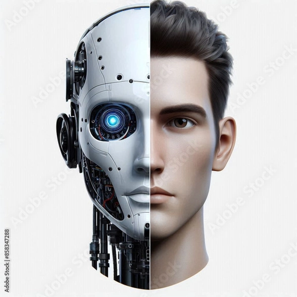 Fototapeta Half human and half cyber robot face portrait looking at the camera on white background.