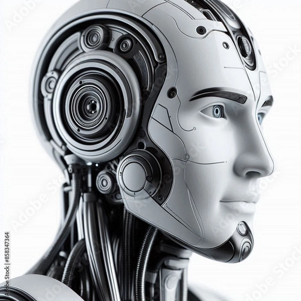 Fototapeta Single AI robot human prototype on white background.