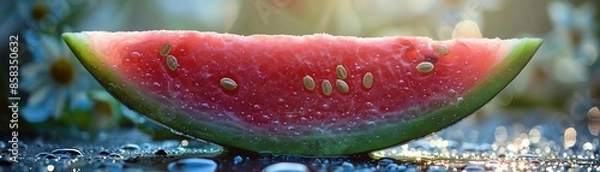 Fototapeta A slice of watermelon sits on a table. The rind is green and the flesh is red. The seeds are black. The watermelon is juicy and delicious.