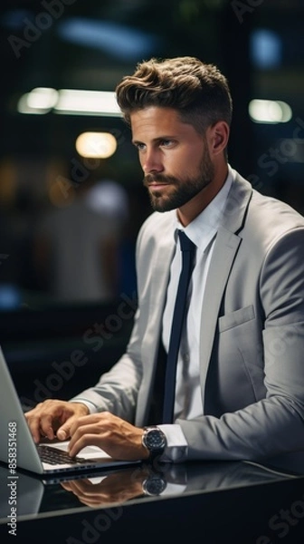 Obraz Focused businessman in a gray suit working on a laptop in a modern office setting, highlighting professionalism and concentration.