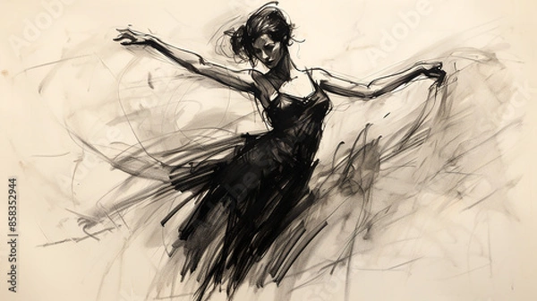 Fototapeta wide entertainment banner, black and white illustration charcoal pencil sketch drawing of women dancing and performing on stage with beautiful long dress, active live event scene in white background
