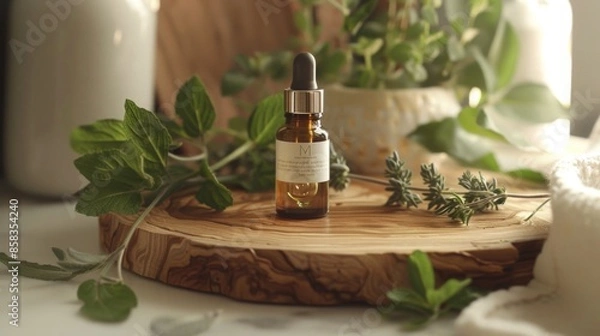 Fototapeta A small amber glass bottle with a dropper sits on a wooden cutting board surrounded by green leafy sprigs.