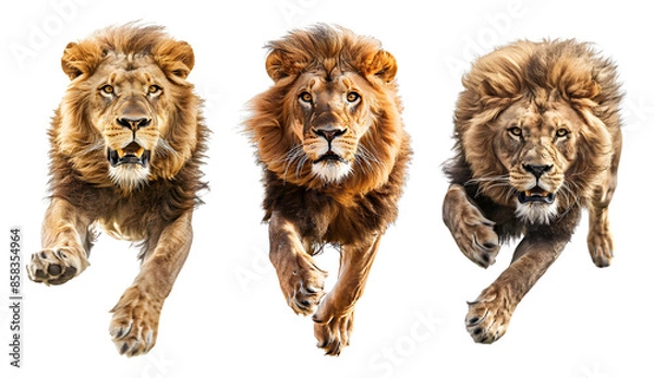 Fototapeta Three majestic lions in mid-leap, their fierce gazes and powerful strides captured in perfect detail. Isolated on transparent background.