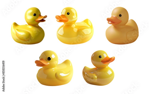 Fototapeta Five yellow rubber ducks with shiny surfaces, sitting in different poses. Isolated on transparent background.