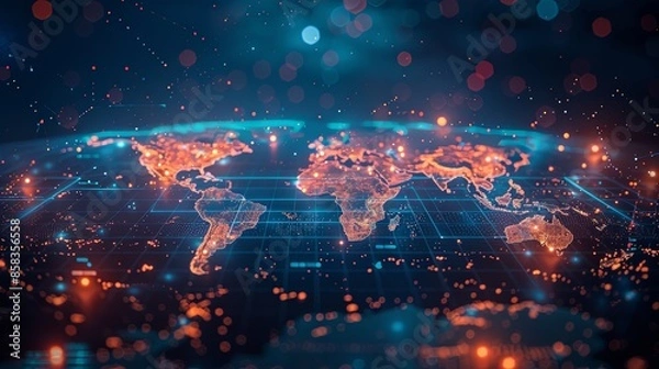 Fototapeta A vibrant orange digital world map with data points and lines interconnecting various locations, representing global data exchange, technology, and interconnectedness.