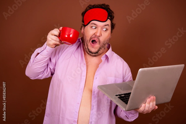 Obraz Early morning fresh gossip. Funny fat man drinking coffee. Brown background.