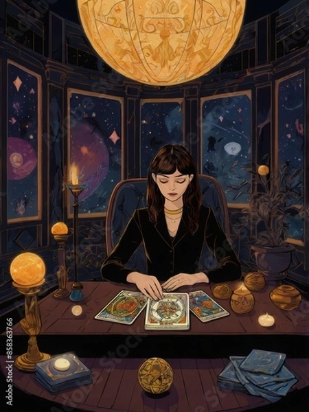 Obraz  An illustration of a girl practicing tarot. She is sitting in a room with tarot cards in her hands, next to a magic ball. She is wearing a black suit. The atmosphere of magic and wizardry.